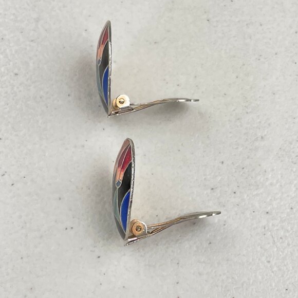 Vintage Cloisonne' Earrings Clip on 1980s Abstract Tulip Flower Art to Wear - Picture 2 of 3